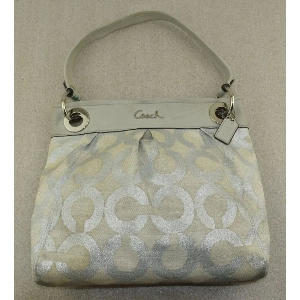 Coach Womens Ashley Signature Op Art Hippie Purse Silver Cream Shoulder Handbag - Picture 2 of 14